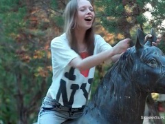 ChiliMoms presents: Cute chick in jeans poses and strips outdoors