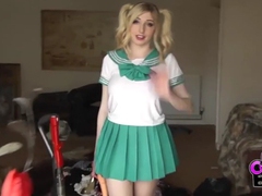 ChiliMoms presents: Costume babe in a miniskirt fucks a toy outdoors